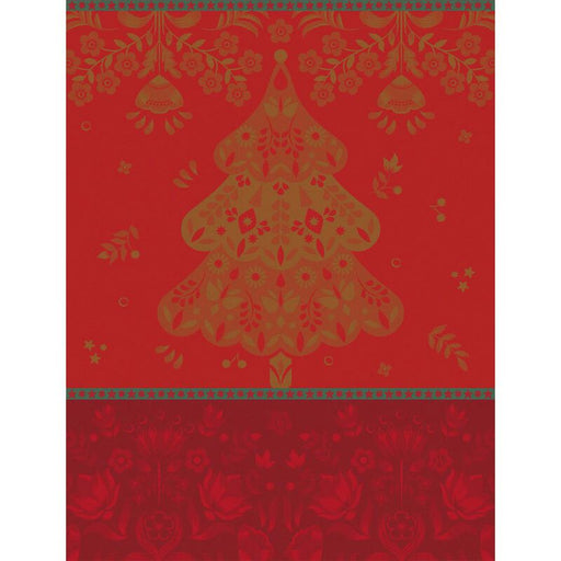 Le Jacquard Francais | Féerie Tea Towel, Red: Features a festive design with a stylized Christmas tree and floral motifs, perfect for adding holiday charm to your kitchen.