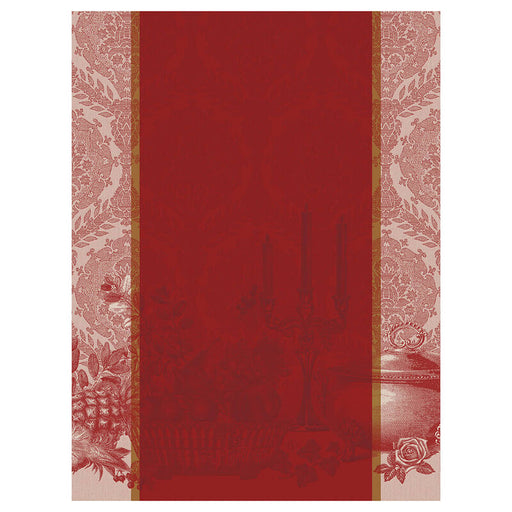 Le Jacquard Français Festin Tea Towel featuring vintage-style engravings with damask borders, ideal for elegant kitchen decor.