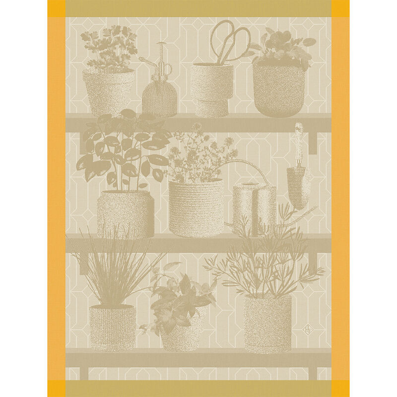 Le Jacquard Français | Herbes Fraiches Tea Towel featuring stylized shelves with potted plants and gardening tools, ideal for enhancing kitchen decor and culinary experiences.