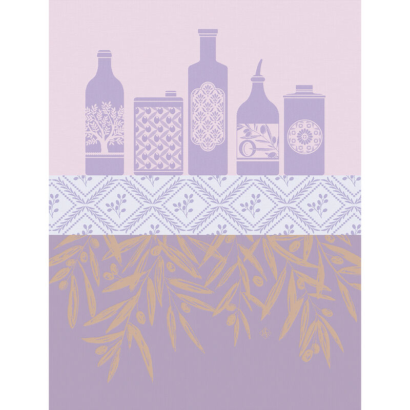 Le Jacquard Français Huiles Provençale Tea Towel, Purple, features stylized olive oil containers and olive branches, celebrating Mediterranean motifs.