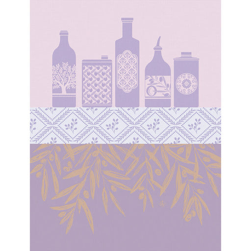 Le Jacquard Français Huiles Provençale Tea Towel, Purple, features stylized olive oil containers and olive branches, celebrating Mediterranean motifs.