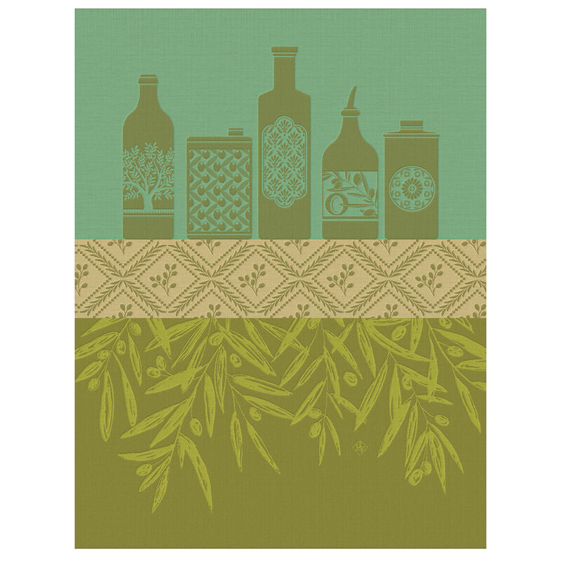 Le Jacquard Français | Huiles Provençale Tea Towel, Green: Decorative olive-inspired design with bottles, motifs, and olive branches, celebrating Provence's diverse oils. Ideal for kitchen elegance.