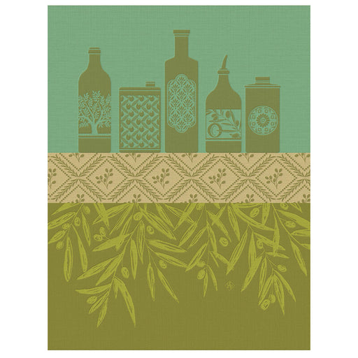 Le Jacquard Français | Huiles Provençale Tea Towel, Green: Decorative olive-inspired design with bottles, motifs, and olive branches, celebrating Provence's diverse oils. Ideal for kitchen elegance.