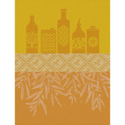 Le Jacquard Français | Huiles Provençale Tea Towel features olive oil motifs and olive branches, reflecting culinary elegance, perfect for enhancing any kitchen space.