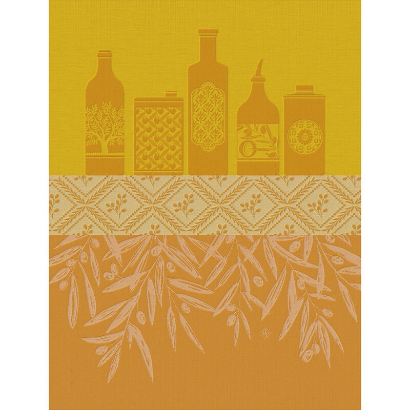 Le Jacquard Français | Huiles Provençale Tea Towel features olive oil motifs and olive branches, reflecting culinary elegance, perfect for enhancing any kitchen space.