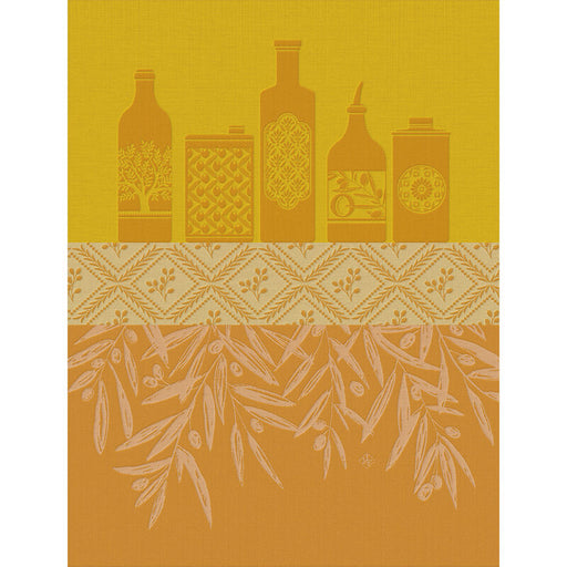 Le Jacquard Français | Huiles Provençale Tea Towel features olive oil motifs and olive branches, reflecting culinary elegance, perfect for enhancing any kitchen space.