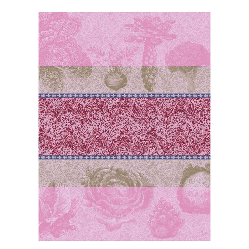 Le Jacquard Francais | Jardin Des Choux Tea Towel, Pink: A decorative textile with botanical and geometric patterns, ideal for adding elegance to your kitchen decor.