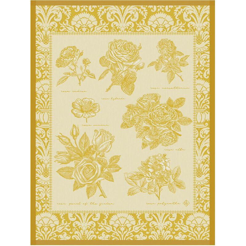 Le Jacquard Français | Jardin Des Roses Tea Towel features vintage-style botanical rose engravings with ornate damask border, combining elegance and durability for your kitchen.