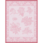 Le Jacquard Français | Jardin Des Roses Tea Towel featuring detailed line-drawings of roses, labeled in cursive, with an ornate border. Measures 60x80cm, durable quality.