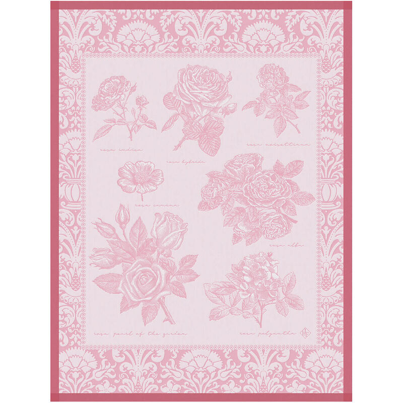 Le Jacquard Français | Jardin Des Roses Tea Towel featuring detailed line-drawings of roses, labeled in cursive, with an ornate border. Measures 60x80cm, durable quality.