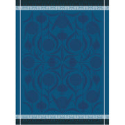 Le Jacquard Français | L'Ail Tea Towel features a blue, teal botanical motif and geometric borders, crafted in Jacquard weaving, perfect for enhancing any kitchen.