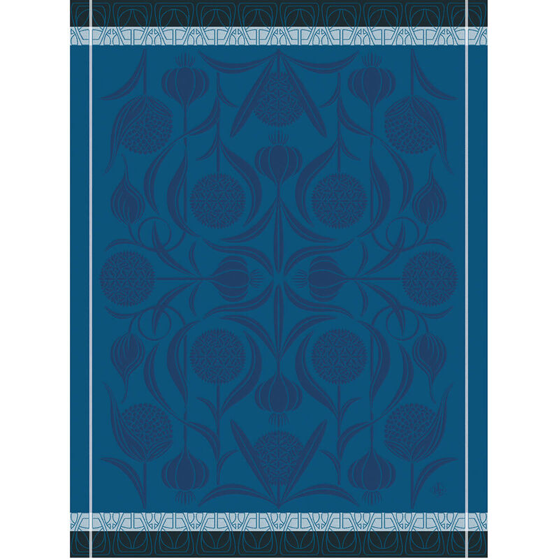 Le Jacquard Français | L'Ail Tea Towel features a blue, teal botanical motif and geometric borders, crafted in Jacquard weaving, perfect for enhancing any kitchen.