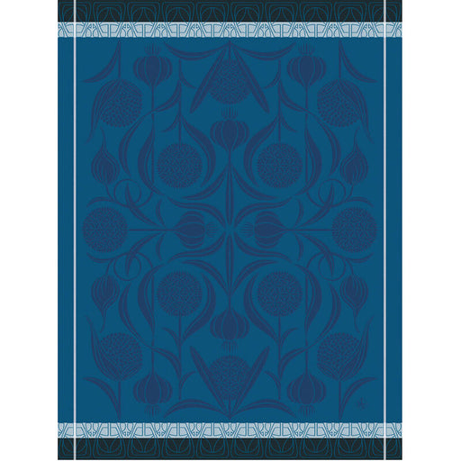 Le Jacquard Français | L'Ail Tea Towel features a blue, teal botanical motif and geometric borders, crafted in Jacquard weaving, perfect for enhancing any kitchen.