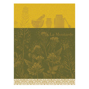 Le Jacquard Francais | Moutarde En Fleurs Tea Towel, Yellow, showcasing vintage mustard-making tools and botanical motifs, ideal for adding elegance to any kitchen.