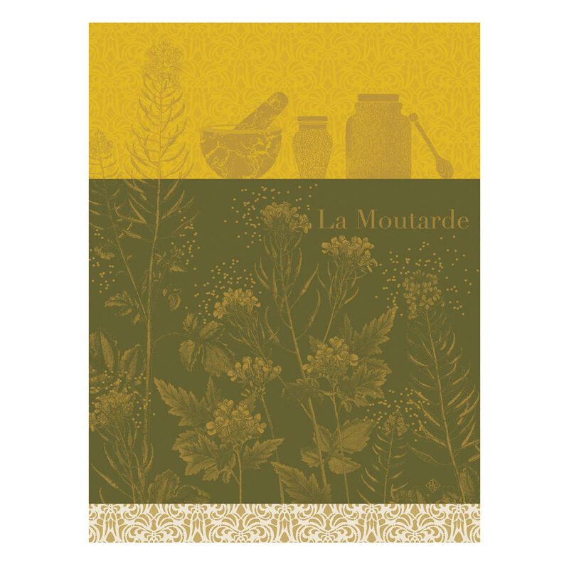 Le Jacquard Francais | Moutarde En Fleurs Tea Towel, Yellow, showcasing vintage mustard-making tools and botanical motifs, ideal for adding elegance to any kitchen.