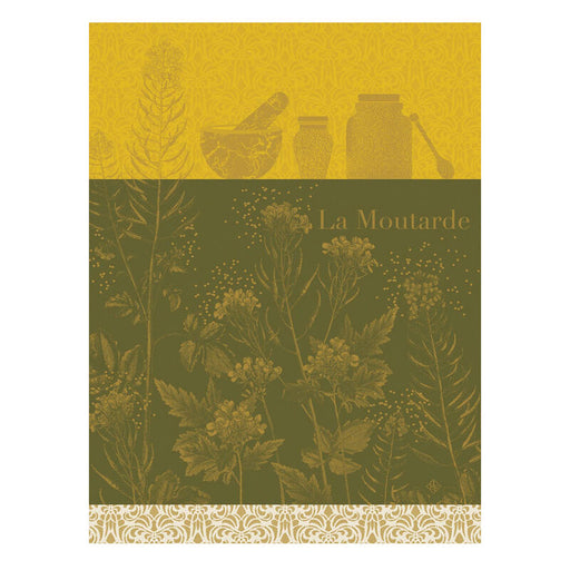 Le Jacquard Francais | Moutarde En Fleurs Tea Towel, Yellow, showcasing vintage mustard-making tools and botanical motifs, ideal for adding elegance to any kitchen.