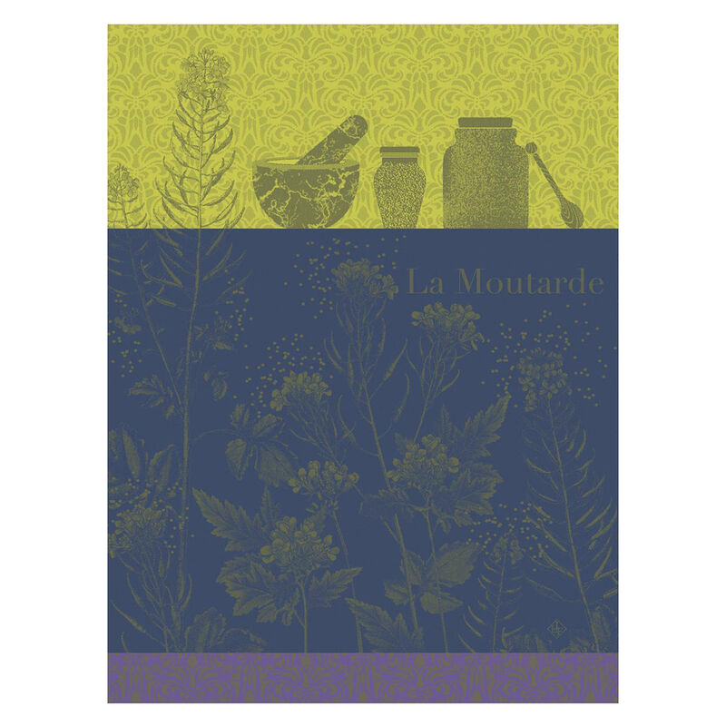 Le Jacquard Francais | Moutarde En Fleurs Tea Towel features vintage-inspired mustard plant graphics, mortar & pestle silhouettes, and classic serif text, perfect for kitchen elegance.