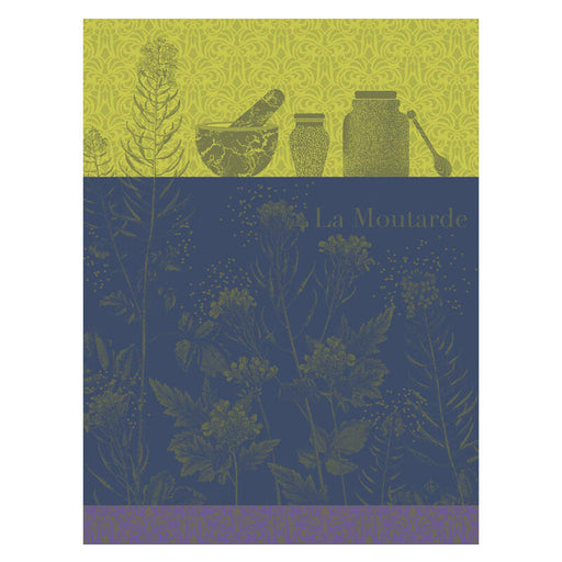 Le Jacquard Francais | Moutarde En Fleurs Tea Towel features vintage-inspired mustard plant graphics, mortar & pestle silhouettes, and classic serif text, perfect for kitchen elegance.