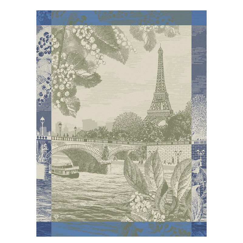 Le Jacquard Francais | Paris Sur Seine Tea Towel, Green: Features an elegant Eiffel Tower and Seine scene with floral details, ideal for adding French charm to your kitchen decor.