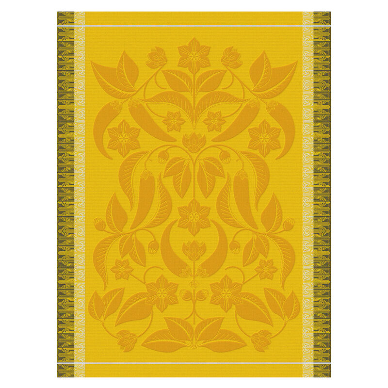 Le Jacquard Français | Piments Tea Towel featuring an Art Nouveau-inspired symmetrical floral design in golden tones, ideal for stylish kitchens, 60x80cm, durable cotton.