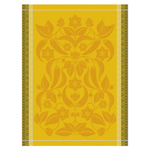 Le Jacquard Français | Piments Tea Towel featuring an Art Nouveau-inspired symmetrical floral design in golden tones, ideal for stylish kitchens, 60x80cm, durable cotton.