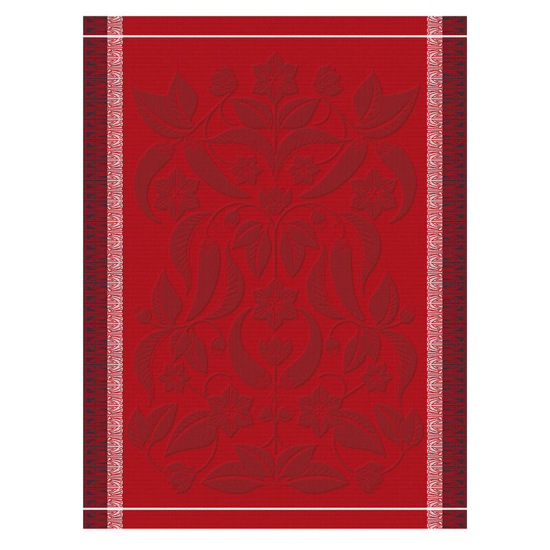 Le Jacquard Français | Piments Tea Towel featuring a red tone-on-tone damask floral pattern, ideal for adding a touch of Art Nouveau elegance to your kitchen.