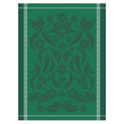 Le Jacquard Français | Piments Tea Towel featuring a symmetrical botanical pattern with leaves and vines, framed by geometric borders, ideal for kitchen decor.