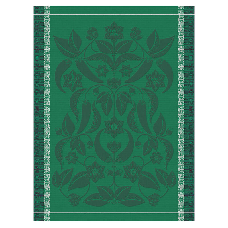 Le Jacquard Français | Piments Tea Towel featuring a symmetrical botanical pattern with leaves and vines, framed by geometric borders, ideal for kitchen decor.