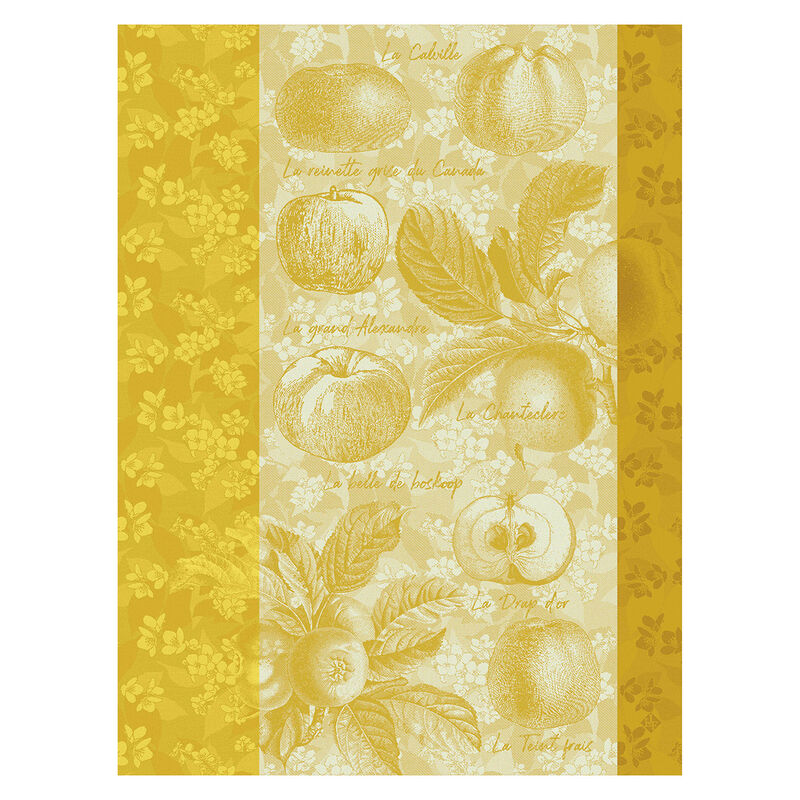 Le Jacquard Français | Pommes A Croquer Tea Towel: Vintage botanical apple sketches with French cultivar names on a 100% cotton towel, ideal for kitchen elegance and durability.