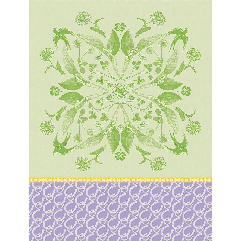Le Jacquard Français | Porte Bonheur Tea Towel, Green: Decorative botanical and geometric pattern evoking luck, featuring botanical mandalas and horseshoe motifs, ideal for enhancing kitchen aesthetics.