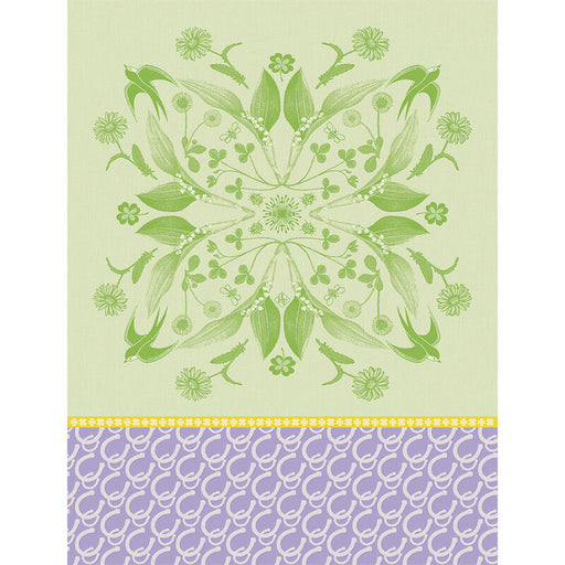 Le Jacquard Français | Porte Bonheur Tea Towel, Green: Decorative botanical and geometric pattern evoking luck, featuring botanical mandalas and horseshoe motifs, ideal for enhancing kitchen aesthetics.