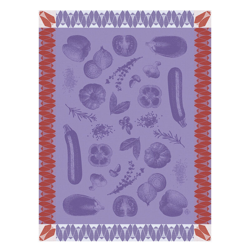 Le Jacquard Français | Ratatouille Tea Towel featuring a pattern of kitchen garden produce and herbs, ideal for enhancing kitchen decor with functional elegance.