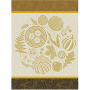 Le Jacquard Francais | Thanksgiving Tea Towel, Yellow: A fall-themed illustration with pumpkins, pie, and autumn leaves, ideal for festive kitchen decor.