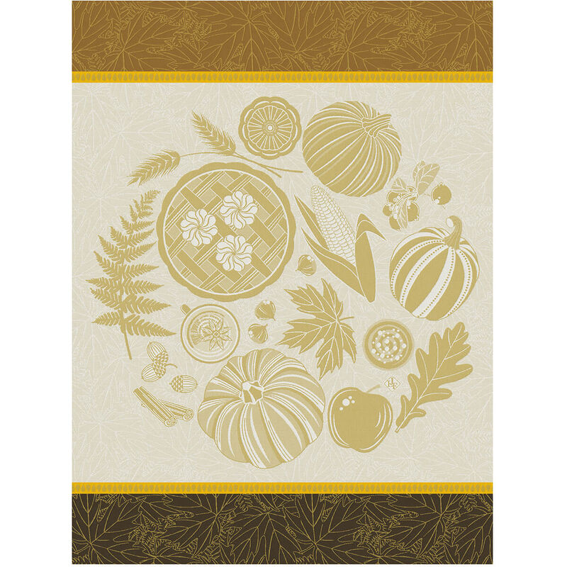 Le Jacquard Francais | Thanksgiving Tea Towel, Yellow: A fall-themed illustration with pumpkins, pie, and autumn leaves, ideal for festive kitchen decor.
