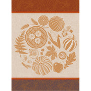 Le Jacquard Francais | Thanksgiving Tea Towel, Orange, featuring autumn harvest motifs like pumpkins, pie, and leaves, embodying seasonal warmth and culinary celebration.
