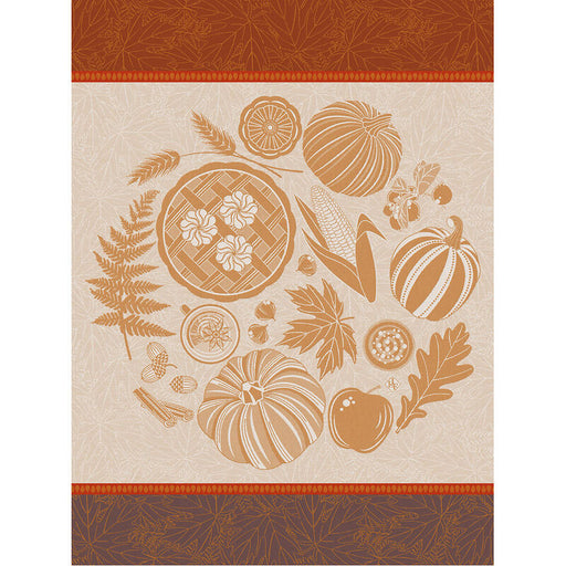Le Jacquard Francais | Thanksgiving Tea Towel, Orange, featuring autumn harvest motifs like pumpkins, pie, and leaves, embodying seasonal warmth and culinary celebration.