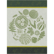 Le Jacquard Francais | Thanksgiving Tea Towel, Green: Features autumnal motifs like pumpkins, pie, and cinnamon, perfect for adding seasonal charm to your kitchen.