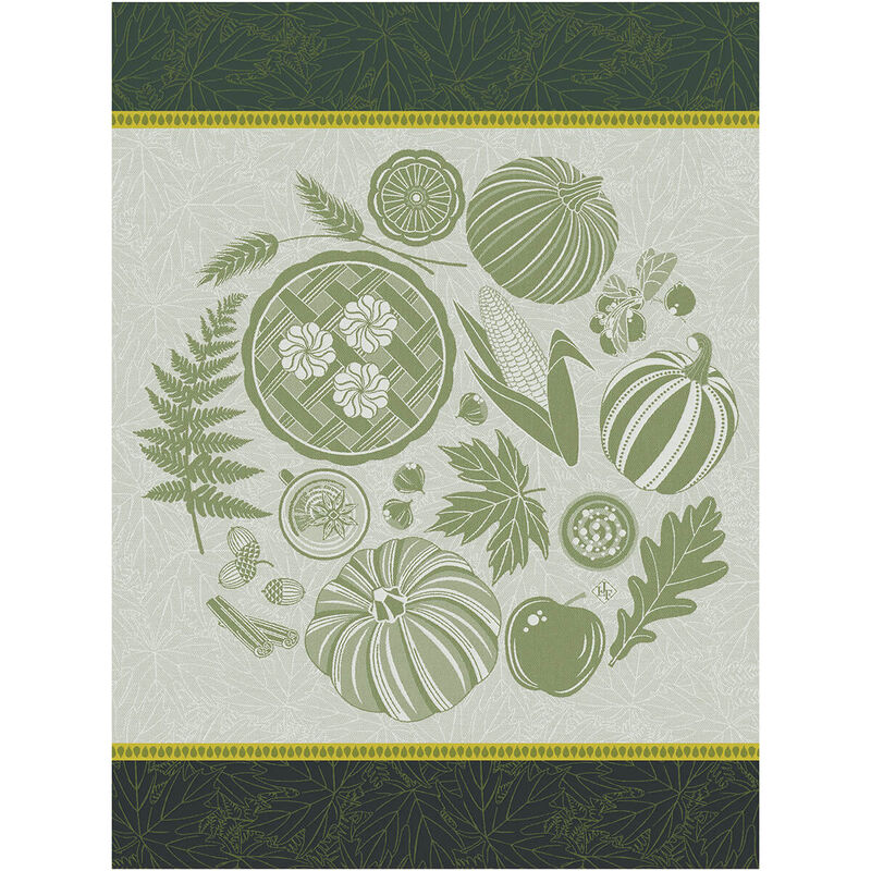 Le Jacquard Francais | Thanksgiving Tea Towel, Green: Features autumnal motifs like pumpkins, pie, and cinnamon, perfect for adding seasonal charm to your kitchen.