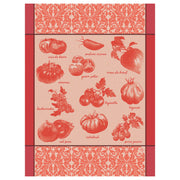 Le Jacquard Français | Tomates Etc Tea Towel features vintage-style engravings of heirloom tomato varieties with names, bordered by an ornate damask pattern. Perfect for gourmet kitchen décor.