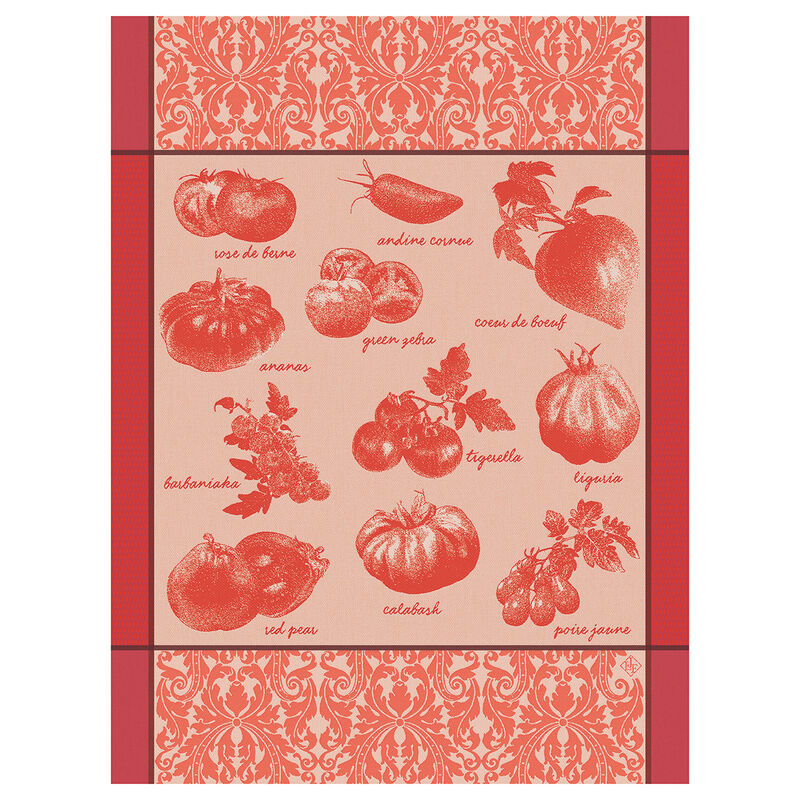 Le Jacquard Français | Tomates Etc Tea Towel features vintage-style engravings of heirloom tomato varieties with names, bordered by an ornate damask pattern. Perfect for gourmet kitchen décor.