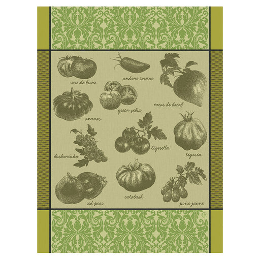 Le Jacquard Français | Tomates Etc Tea Towel featuring 11 heirloom tomato sketches and names, framed by a green damask pattern, crafted from 100% cotton.