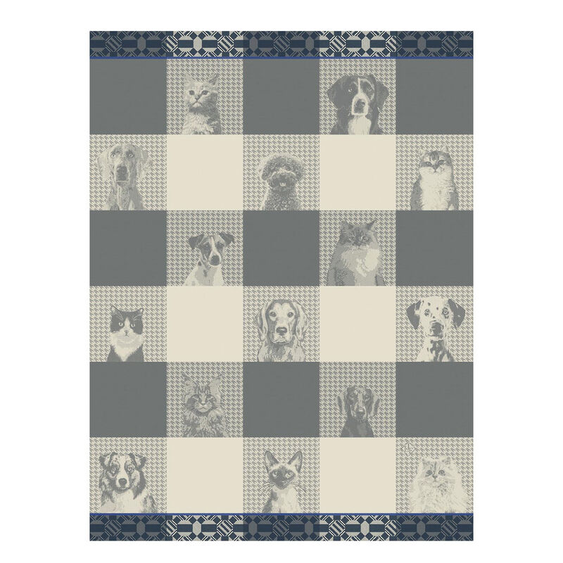 Le Jacquard Francais | Truffes Tea Towel, Grey: A checker-board design featuring pet illustrations and geometric borders, crafted with durable jacquard weaving and combed yarns, 60x80cm.