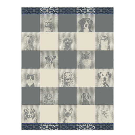 Le Jacquard Francais | Truffes Tea Towel, Grey: A checker-board design featuring pet illustrations and geometric borders, crafted with durable jacquard weaving and combed yarns, 60x80cm.
