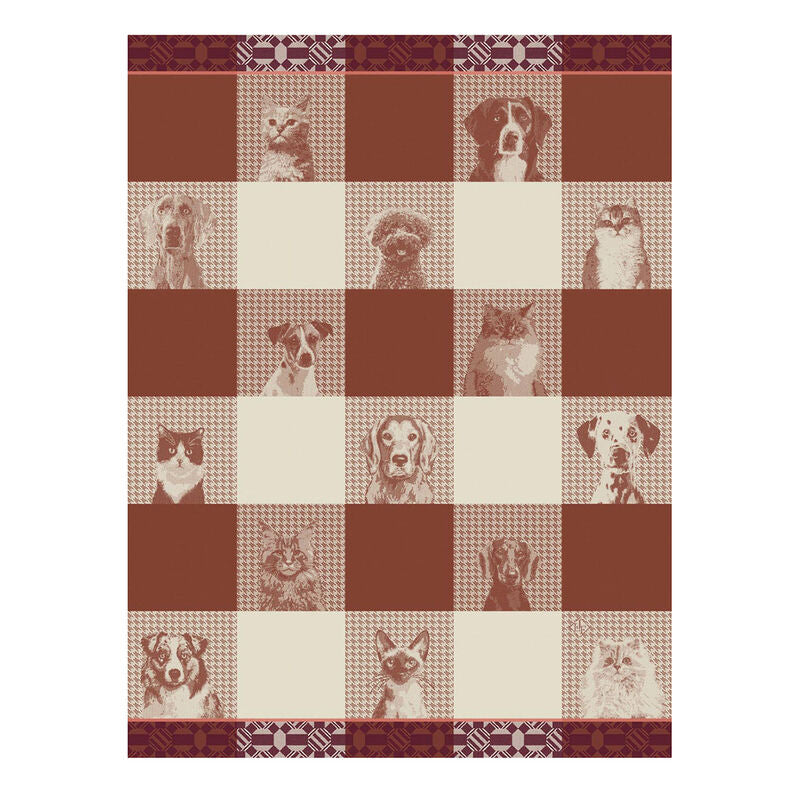 Le Jacquard Francais | Truffes Tea Towel, Brown: Features a checkerboard design with pet sketches, jacquard woven for durability, perfect for kitchen use.