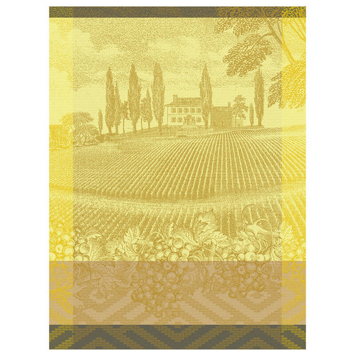 Gold-toned illustration of a vineyard estate on Le Jacquard Français Vignoble Tea Towel, showcasing grapevines and a château, embodying Burgundy's wine heritage.
