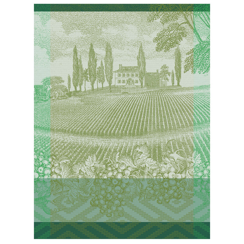 Le Jacquard Francais VIGNOBLE GREEN TEA TOWEL features a vineyard scene with chateau, cypress trees, and grapevine motifs, celebrating Burgundy's wine heritage.
