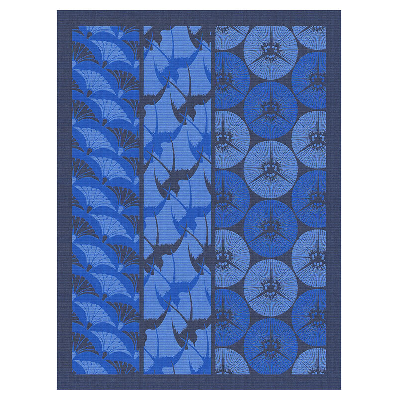 Le Jacquard Français | Yukata Tea Towel featuring a blue, three-panel Japanese-inspired pattern with hand fans, birds, and parasol motifs on a woven-texture background.