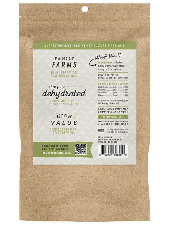 Farm Hounds | Training Treats - Beef: A brown bag with text, showcasing nutrient-rich dog treats from humanely raised animals, sourced from sustainable family farms, ideal for training.