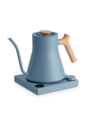 FELLOW | Stagg EKG Pro Electric Kettle, Hazy Blue w/ Maple, featuring a gooseneck spout and electric base for precise pour-over coffee brewing.