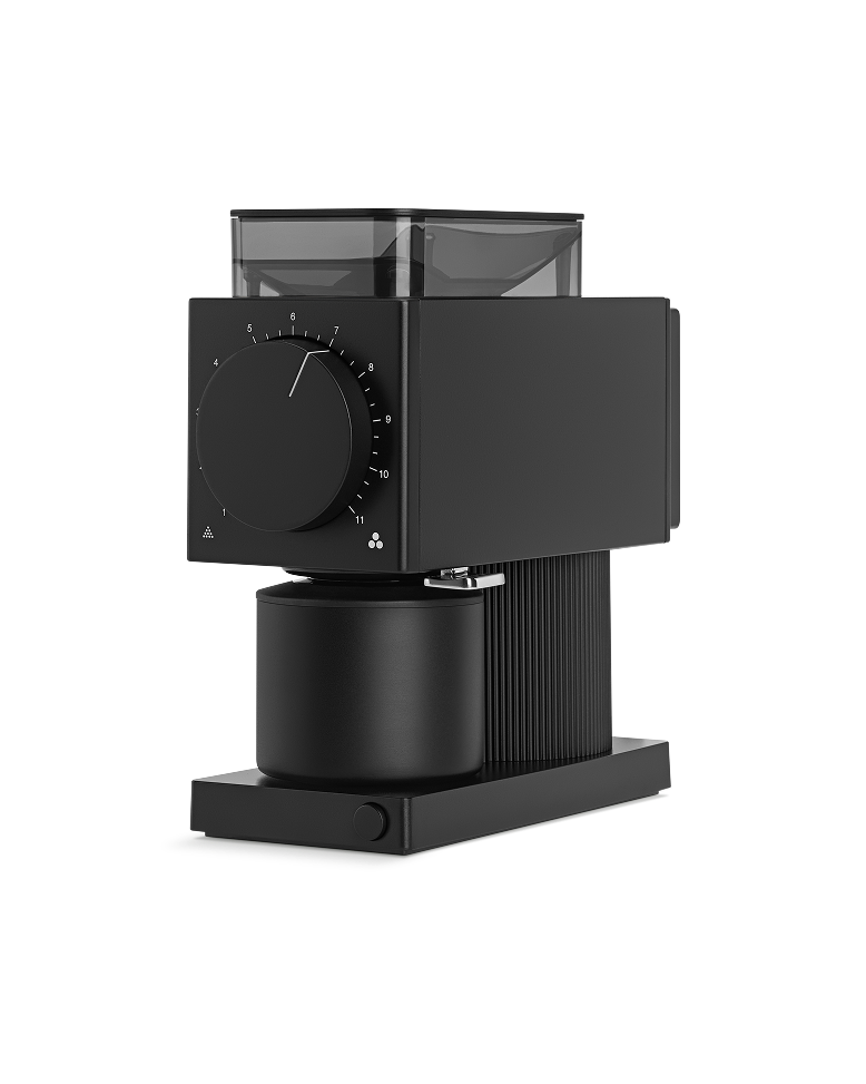 FELLOW | Ode Brew Grinder Gen 2, Matte Black features a bean hopper, grind-size dial, and grounds container, ideal for precise coffee brewing.